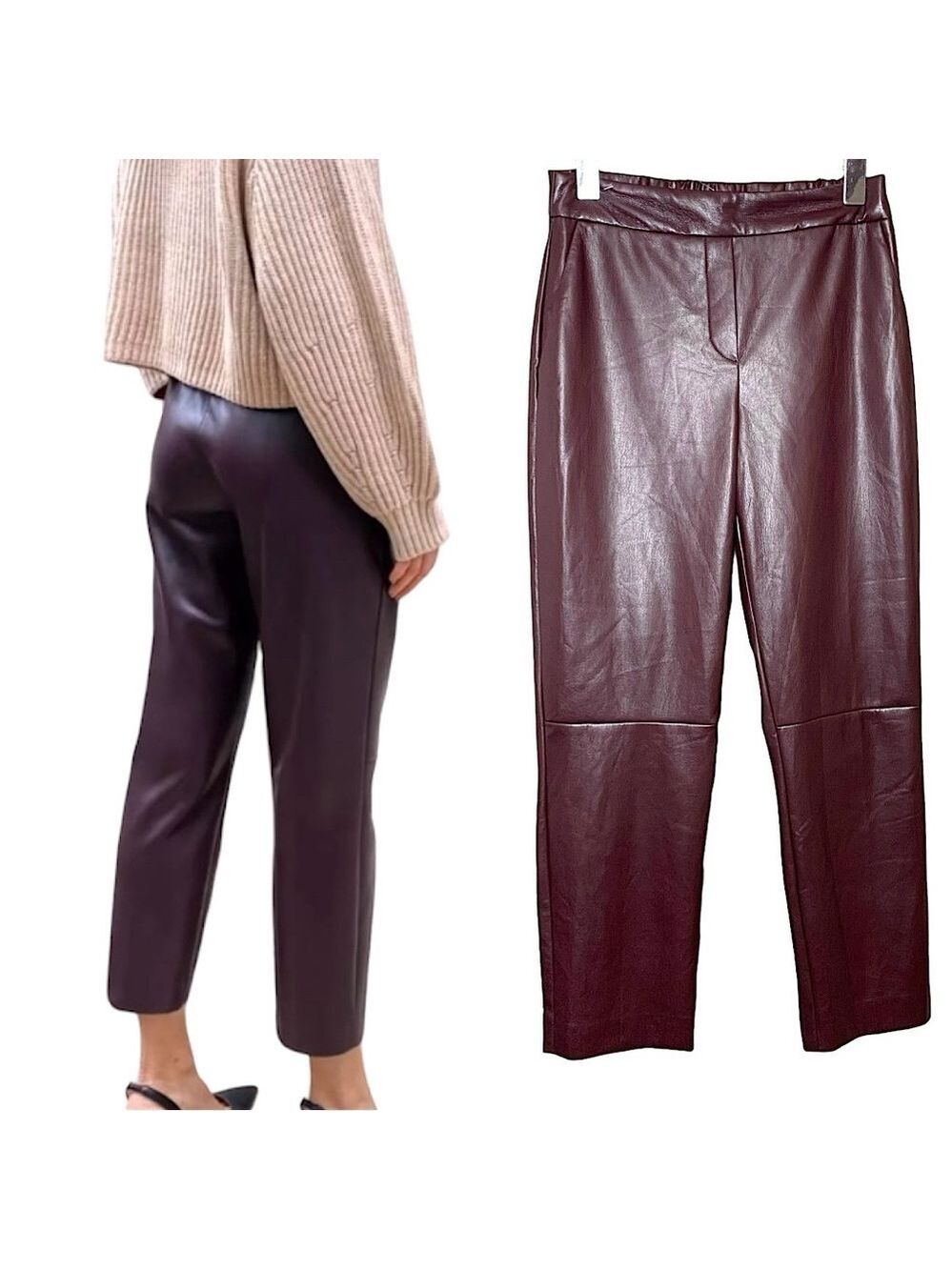 Aritzia Babaton Conan Vegan Leather Pants Brown Burgundy Cropped Trousers Sz 0